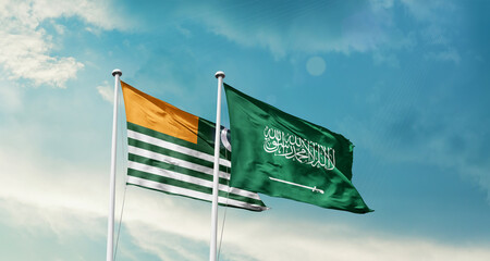 Kashmir and Saudi Arabia friendship flags are waving in the sky. Two country flag for agreement or deal. 5th febuary Kashmir national flag for solidarity day.