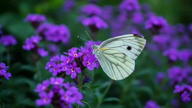 Close Up of a White Butterfly on Purple Flowers in a Natural Setting with Green Background and Soft Lighting