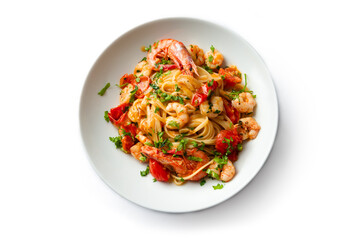 Linguine con gamberi, pomodorini e prezzemolo, pasta italiana 