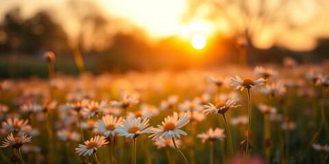 Obraz premium Golden hour sunset bathes a field of blurred daisies in warm light, summer, flowers