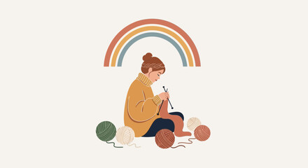 Woman Knitting Under Rainbow: Illustration Of Creative Hobby Relaxation Activity