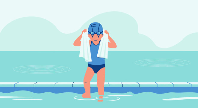 Young Swimmer After Swimming Lesson Drying Off With A Towel In The Pool