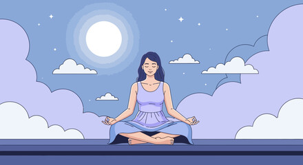 Woman Meditating Under Moonlight Peacefully Reaching Mindfulness and Spiritual Growth
