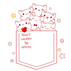 Little cats in pocket. Baby print with cute animal in pocket. Childish print with funny kitten friends. Can be used for t-shirt print, sticker, badge, greeting card design. Vector illustration EPS8