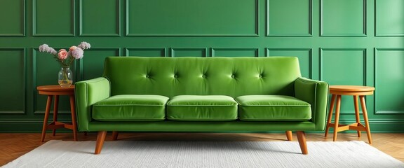 Green velvet sofa, wood legs, green paneled wall, white rug, wooden end tables, flower vase,  wall,  green