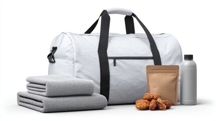Travel bag with towels, bread, and fruits on white background, wellness concept. Packed sports duffel bag with towel, change of clothes, snacks. concept of fitness and travel gear