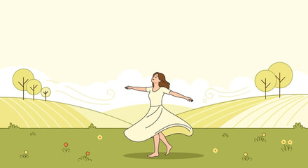 Young Woman Enjoying Nature and Freedom In A Sunny Meadow Landscape
