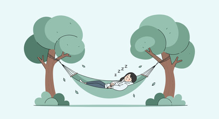 Woman peacefully asleep in a hammock slung between trees in a serene park illustration
