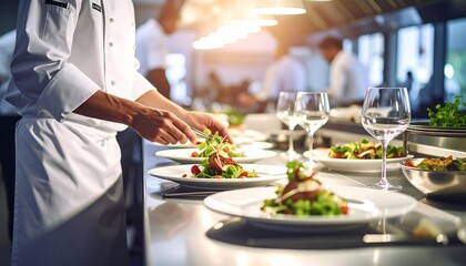 Chef plating gourmet dishes in a professional restaurant kitchen with food photography.