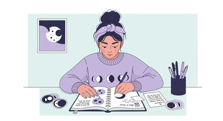 Young woman in a lavender sweater and headscarf engaged in journaling and moon gazing activities with a pencil in hand