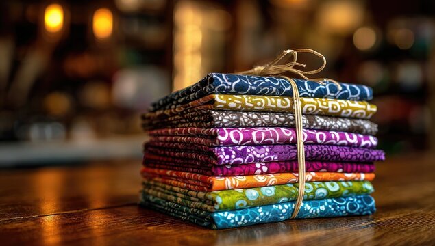 Stack of colorful fabric bundles tied with twine