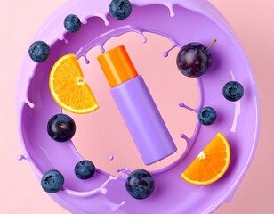 Purple Cosmetic Tube with Citrus Fruits and Milk Splash on Light Pink Backdrop