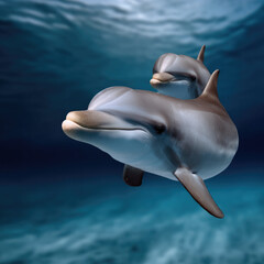 Naklejka premium Two dolphins swimming underwater, playful marine mammals in clear blue ocean, joyful and peaceful aquatic scene
