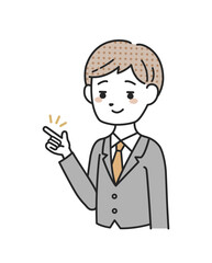 指を差して説明するスーツを着た男性