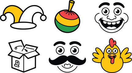 April Fools' Day Vector Icons Featuring Jester Hat, Joke Bomb, Face, Box, Mustache, Chicken