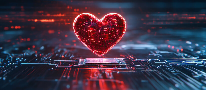 Glowing red heart symbol on futuristic circuit board with digital lights - Powered by Adobe