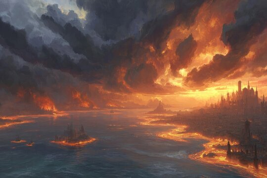 Fiery sunset over a burning city by the sea