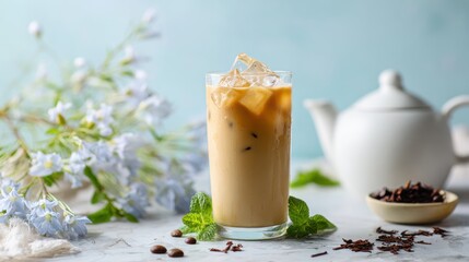 Iced coffee drink in a glass with flowers and teapot on a marble surface