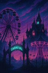 Fototapeta premium Halloween-themed retro carnival with a spooky gothic house and glowing neon sign