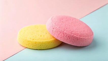 Close up of yellow and pink cosmetic sponges on a pastel background for skincare routine use