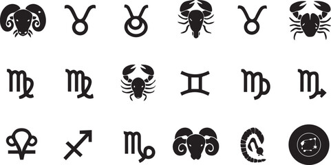 Diverse Black Zodiac Symbols And Icons On White Background astrology horoscope