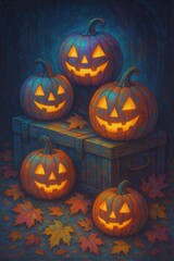 Halloween trio of glowing jack-o’-lantern pumpkins rest on crates amid scattered fall leaves under a moody sky in vintage gothic holographic style