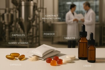 Manufacturing process of dietary supplements in a lab setting with various formulations and industry professionals