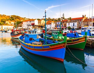 Colorful fishing boats in a harbor at sunrise