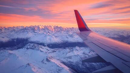 Airplane wing view of snow-capped mountains at sunset. (1)