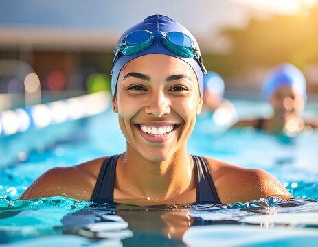 Smiling swimmer in pool, sunlight, happy expression