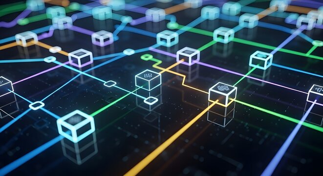 Abstract network of glowing cubes connected by colorful lines on a dark reflective surface