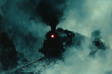 A dark, steam-powered locomotive chugs through a misty, atmospheric landscape at night