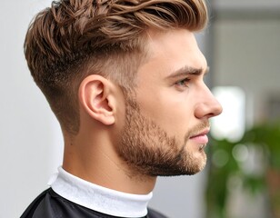 Obraz premium Profile of a young man with styled hair and a short beard, wearing a barber's cape