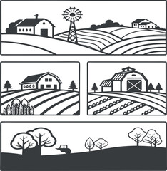 Vector art of farm landscape with fields, barn, and windmill
