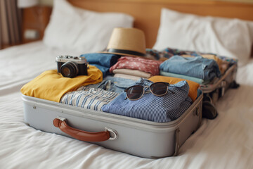 Open suitcase on bed containing neatly folded clothing, sunglasses, camera and hat, suggesting preparation for travel or vacation, personal belongings organized for trip