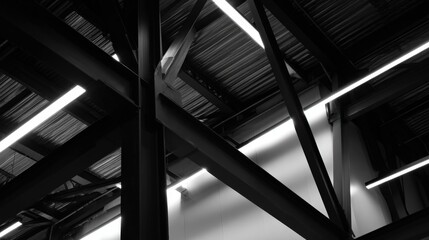Abstract Black and White Architectural Interior: Structural Steel Beams and Industrial Lighting Design