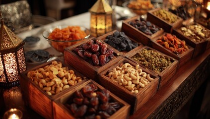 Wooden boxes filled with various dried fruits and nuts