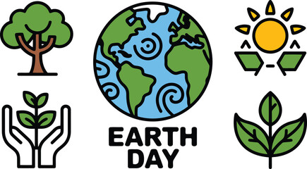 Earth Day Icons Set Tree, Globe, Sun, Plant in Hands, Leaf Sprout Illustration for Ecology