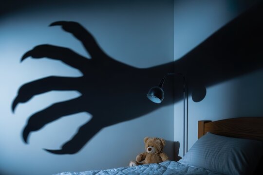 shadow of demon claw in bedroom. Nightmare and fear