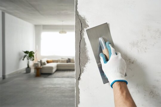 person fix crack in living room with cement and trowel
