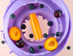 Orange Tube Floating in Lavender Liquid with Plums and Blueberries