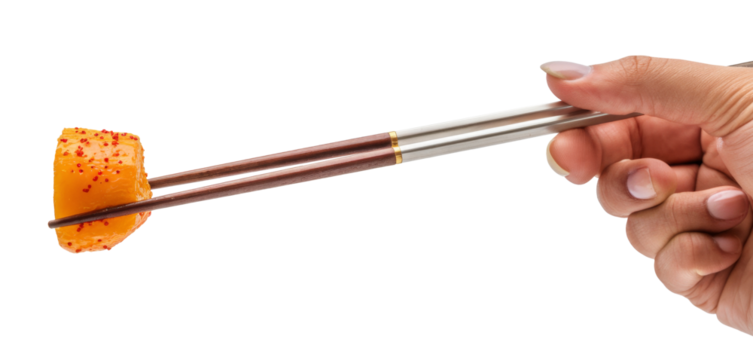 sushi roll with chopsticks in hand, isolated on white background. - Powered by Adobe