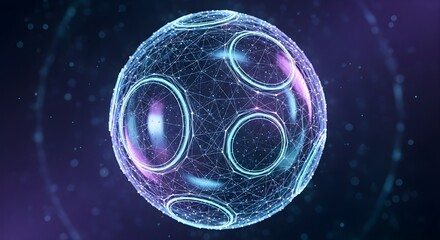 Glowing sphere with geometric pattern and circular designs floating in a dark purple space
