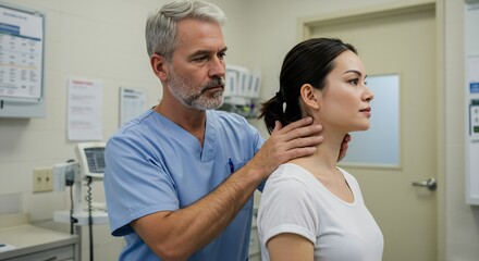 Fototapeta premium Medical Professional Examining Patient's Neck in Doctor's Office, Diagnostic Exam, Healthcare Concept