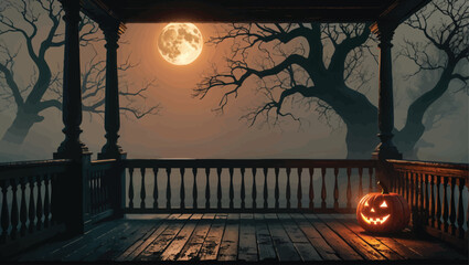 Haunted Porch at Night: Full Moon and Jack-o'-Lantern with Fog