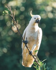 White Cockatoo Parrot Perched on Tree Branch in Tropical Forest