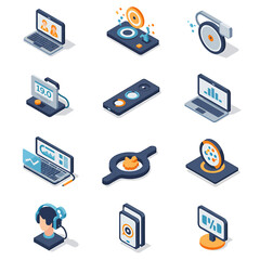 A collection of twelve isometric icons depicting various technologyrelated items