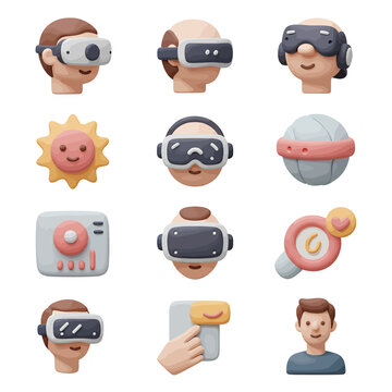 A grid of 9 pixelated icons depicting virtual reality themes and related objects