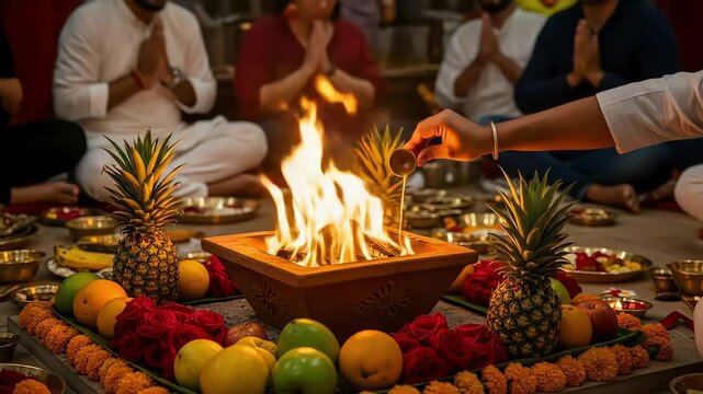 Vibrant Homa Ceremony with Flames Fruits Flowers and Group of People Sitting in Prayer Position in Indoor Setting Warm Lighting and Cultural Celebration