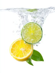 Fresh citrus fruits splash into clear water. A vibrant lemon and lime create a lively scene. Perfect for food themes, summer drinks, or healthy living. Bright colors bring joy. AI